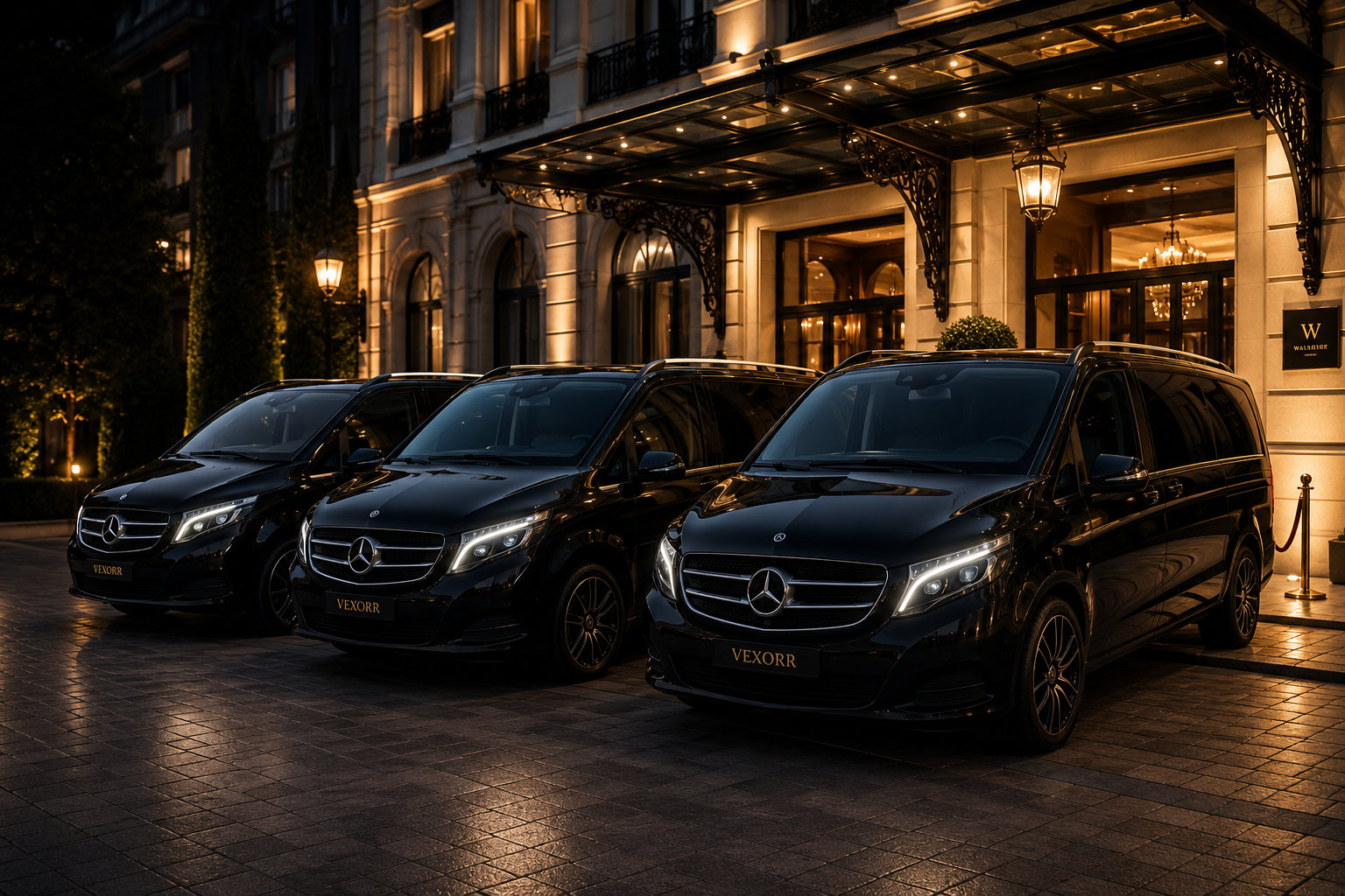 Trois vans premium VEXORR devant un hôtel de prestige
